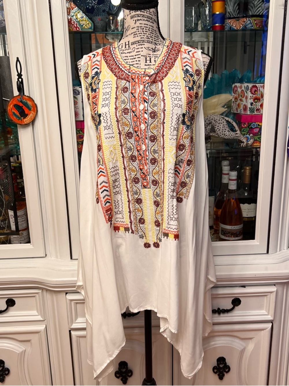 Boys Embroidered Boho Sleeveless Tunic Top - White with Multicolor Accents S